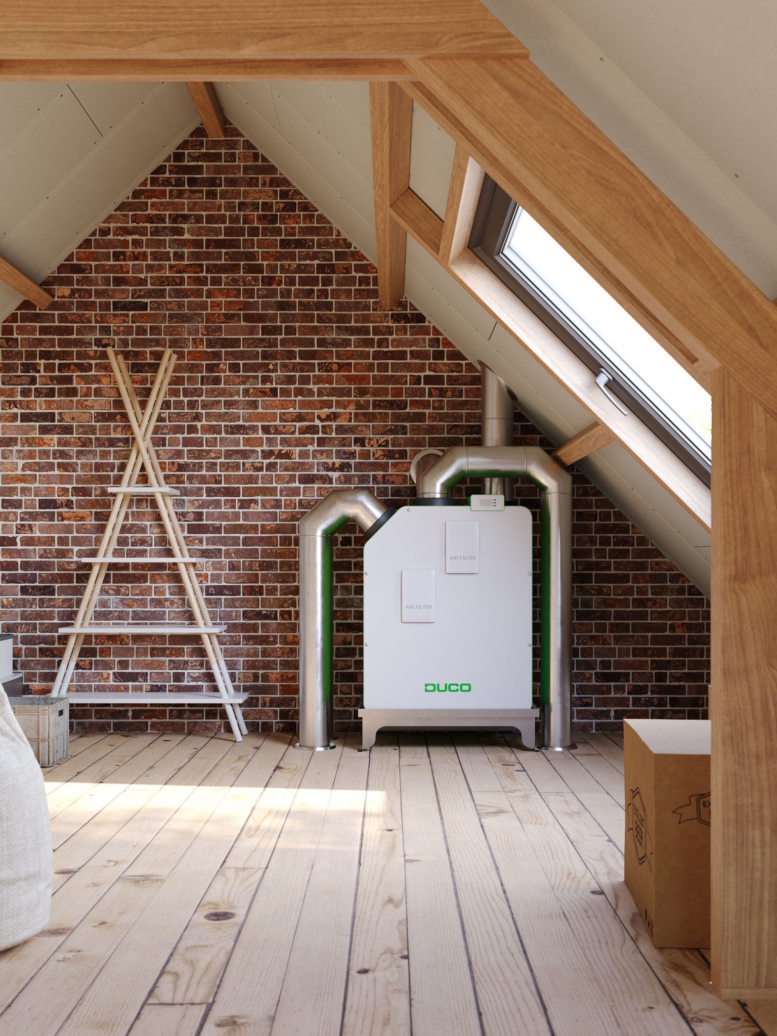 Un sistema di ventilazione DucoBox Energy Premium installato in una camera da letto mansardata mostra una soluzione di ventilazione volta a migliorare la qualità dell'aria interna e a ridurre il rischio di formazione di muffa.