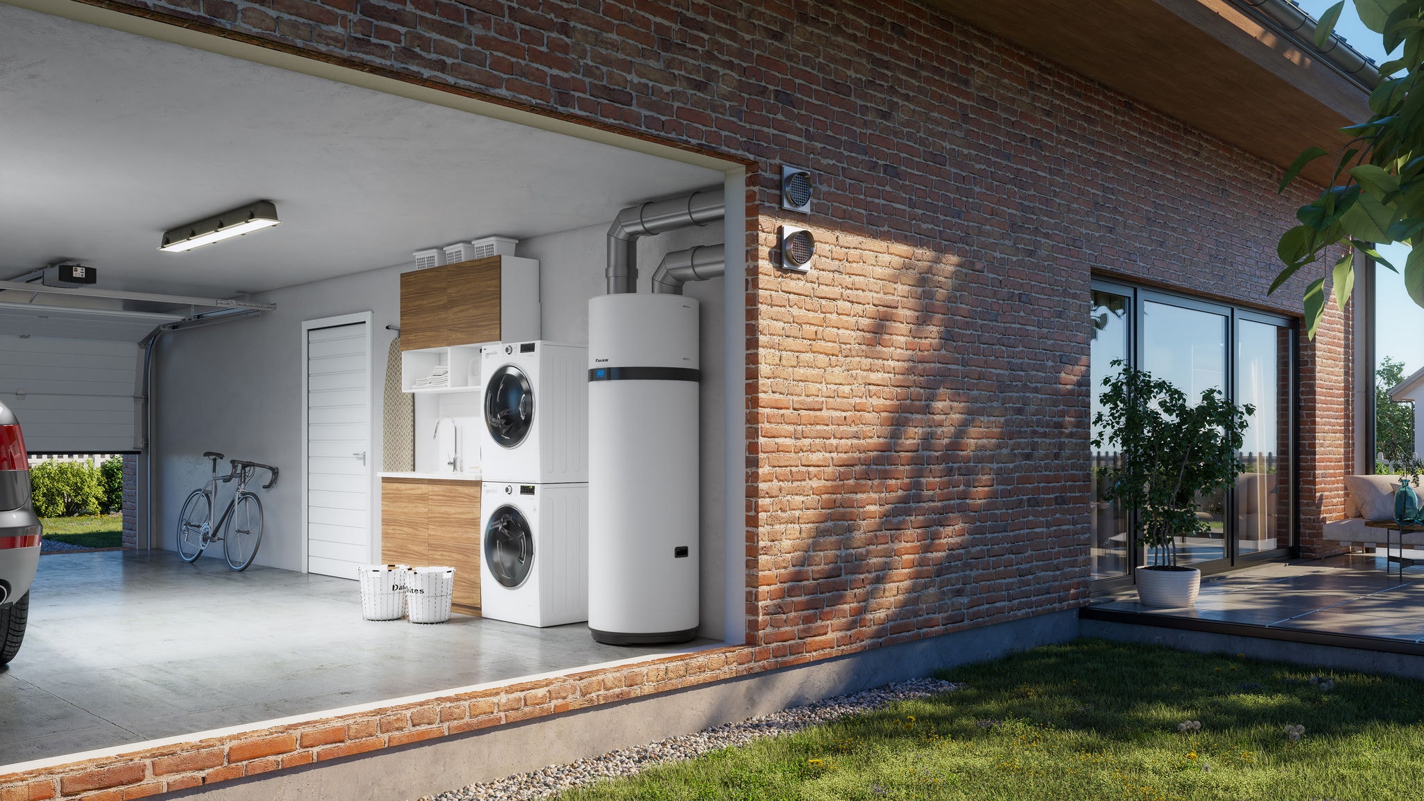 Serbatoio per l'acqua calda sanitaria a energia rinnovabile installato in garage