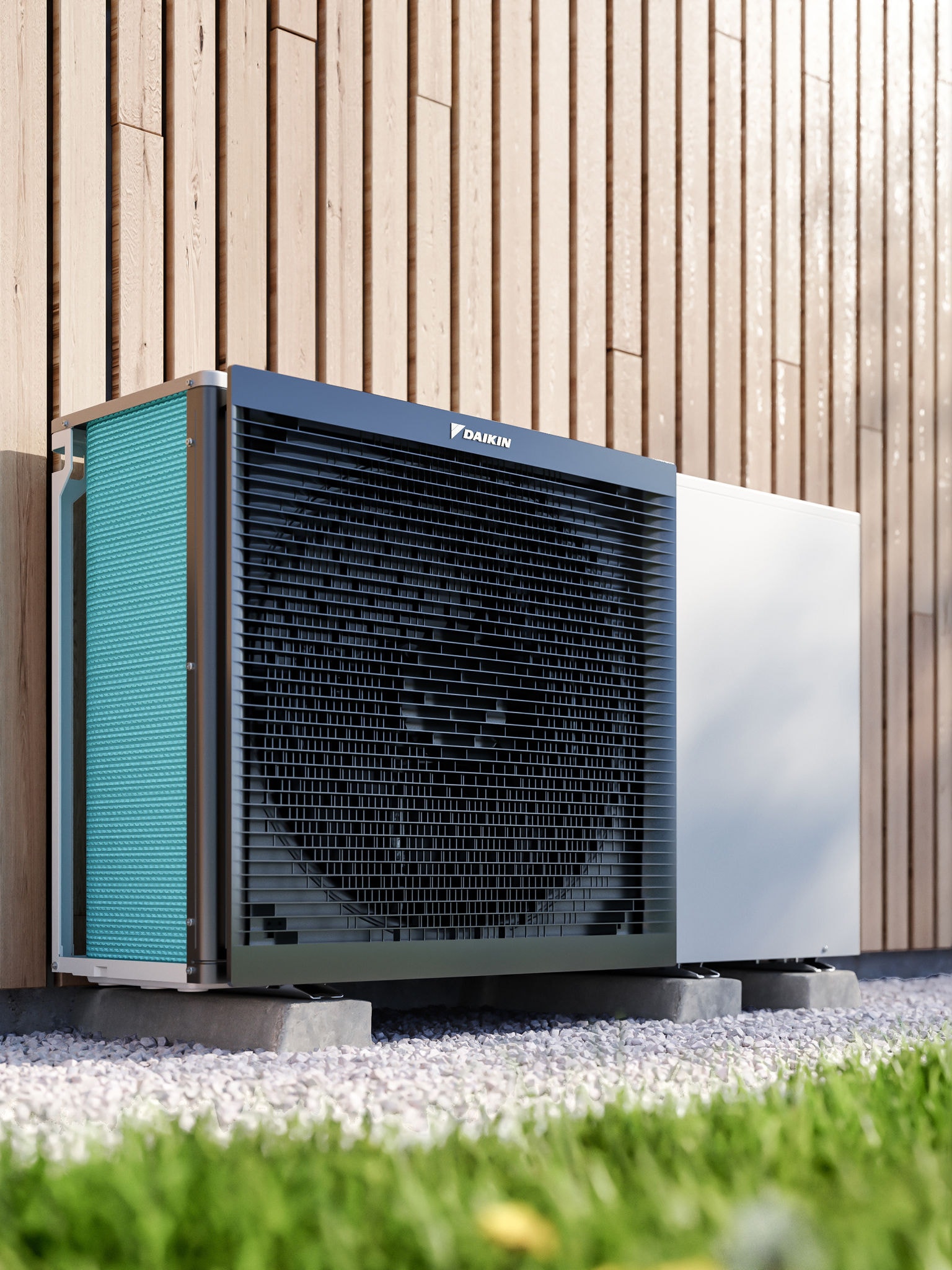 Unità esterna Daikin Altherma collocata in giardino