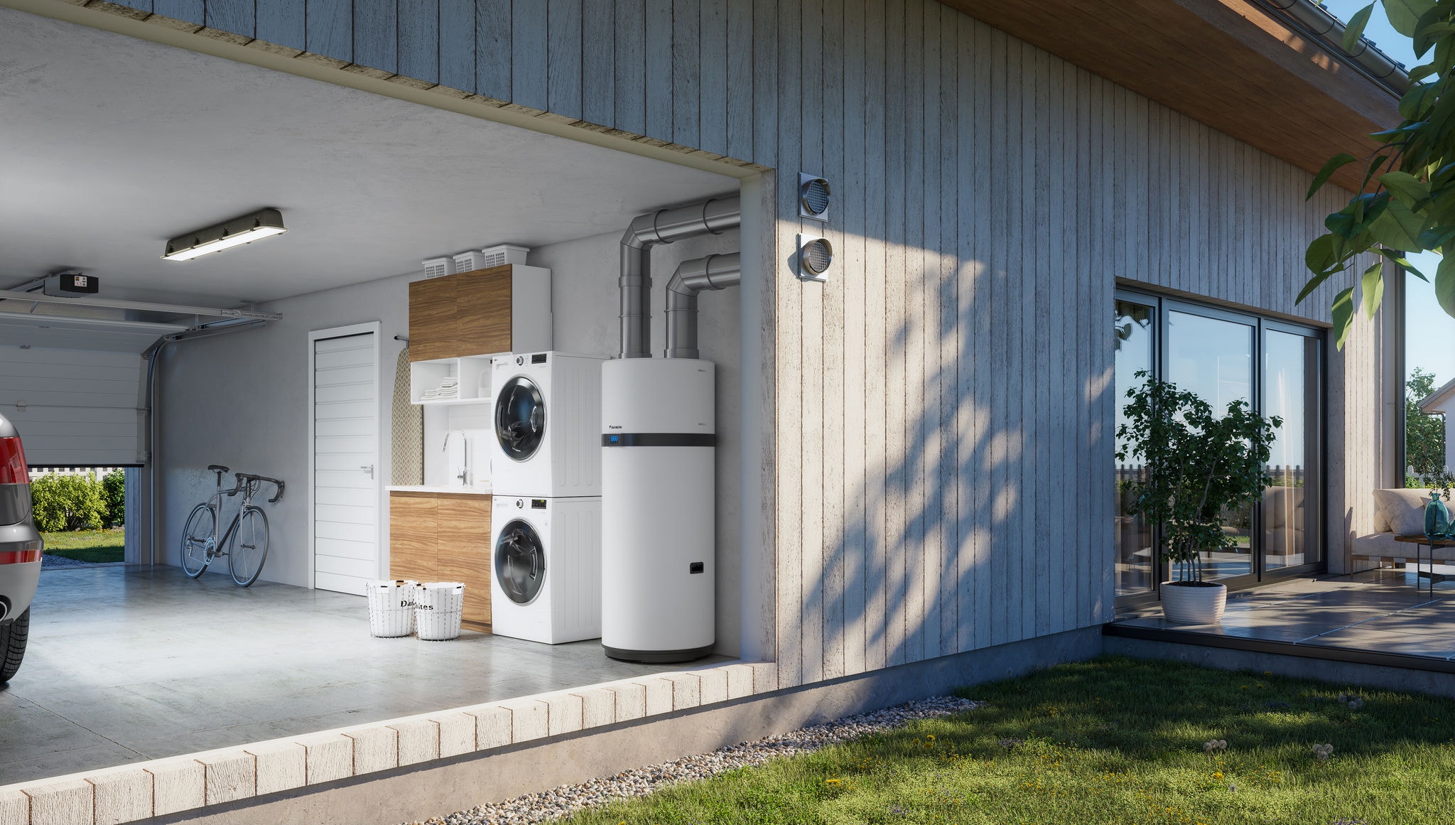 Serbatoio per l'acqua calda sanitaria a energia rinnovabile installato in garage