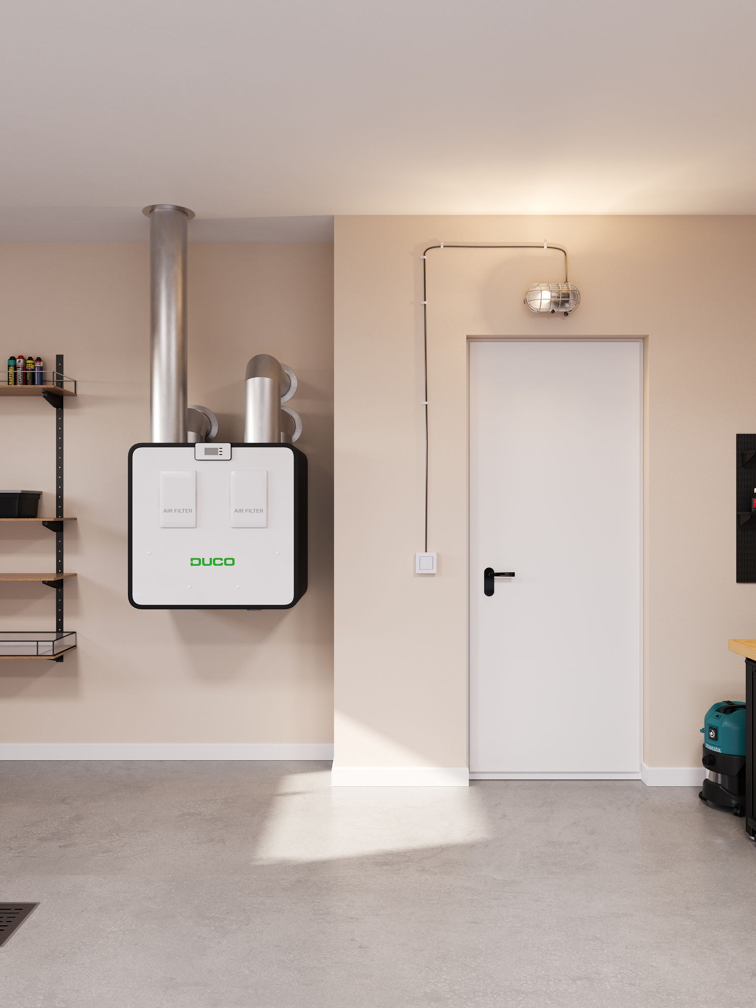 Un sistema di ventilazione DucoBox Energy Premium installato in una zona giorno mostra come la ventilazione domestica possa rappresentare una soluzione per migliorare la circolazione dell'aria e ridurre l'umidità.