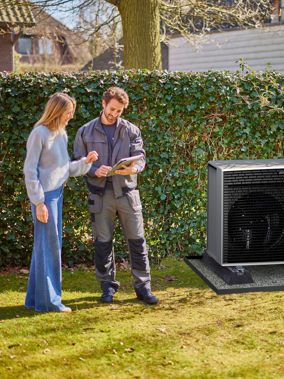 Un installatore spiega al proprietario i comandi della pompa di calore appena installata nel giardino